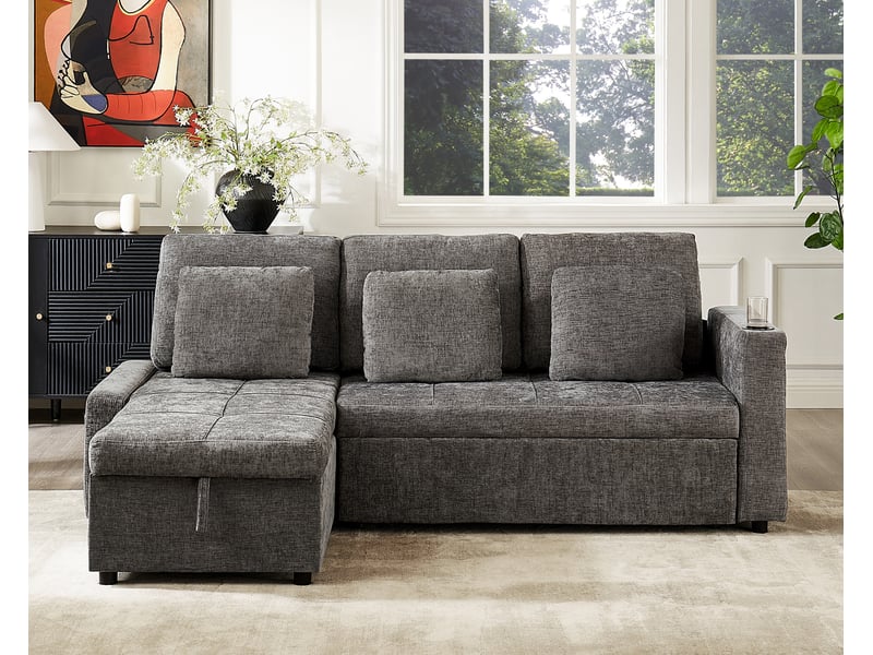  Canapé-lit 3 places 201,3x126,1x86,1 cm avec fonction convertible, rangement, porte-gobelet en tissu chenille gris  - Conforama D