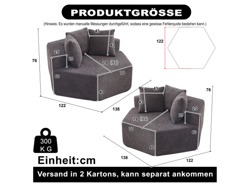  Fauteuil modulaire hexagonal en chenille, design moderne, assise polyvalente, configuration combinable, salon et chambre  - Conforama C