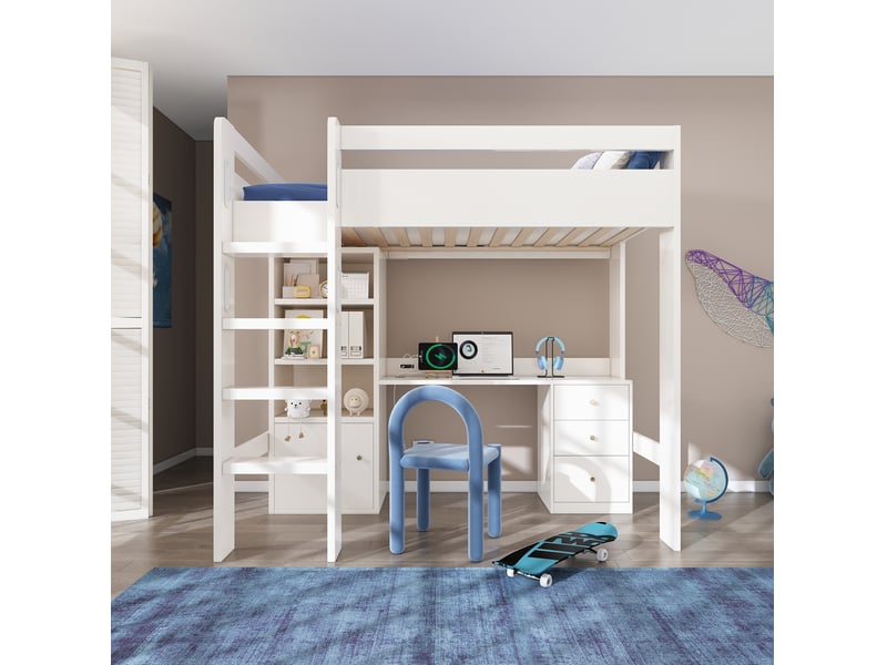  Lit mezzanine 90x200 cm avec bureau, rangements, escalier et sommier blanc  - Conforama E
