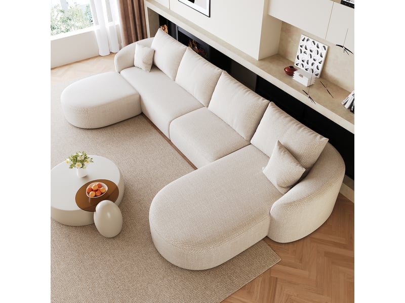  Canape panoramique en u modulaire - avec structure sans cadre et sans montage - en tissu cotele - blanc  - Conforama B