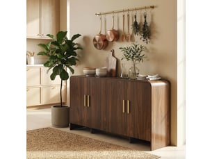 Buffet bas 4 portes 2 étagères design effet bois noyer poignées métal doré