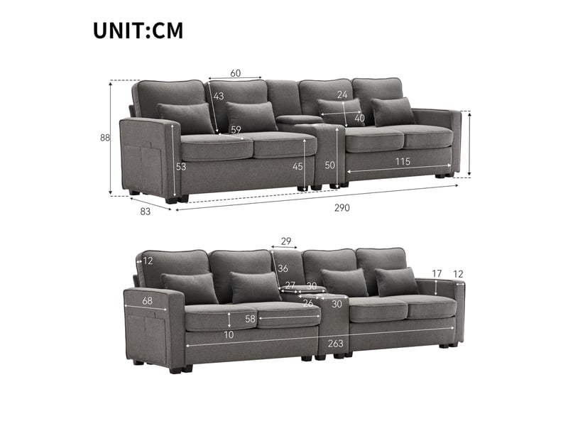  Canapé 4 places tcqpz avec console, 2 porte-gobelets et 2 ports usb 290 x 83 x 88 cm tissu aspect lin gris foncé  - Conforama C