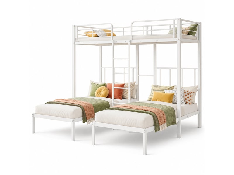  Lit superposé enfant 3 places 90x200 cm – blanc – métal, échelle, tablette et barrières de sécurité, sans matelas  - Conforama A