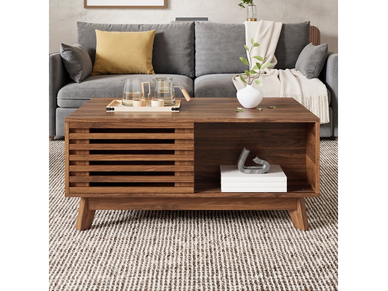  Table basse 90x55x57.5 cm plateau relevable extensible, porte à lamelles coulissante en mdf coloris noyer  - Conforama D
