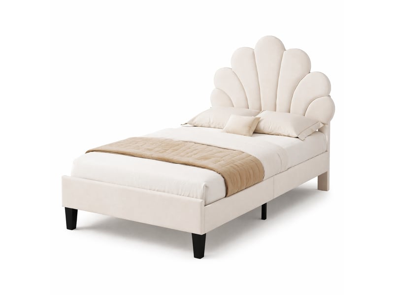 Lit enfant capitonné 90x200 cm à tête de lit fleur, velours beige - Conforama A