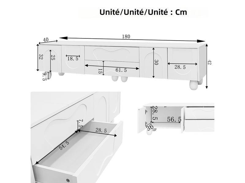  Meuble tv 180 cm blanc en panneaux de particules avec pieds en bois massif et rangement evarich - Conforama C