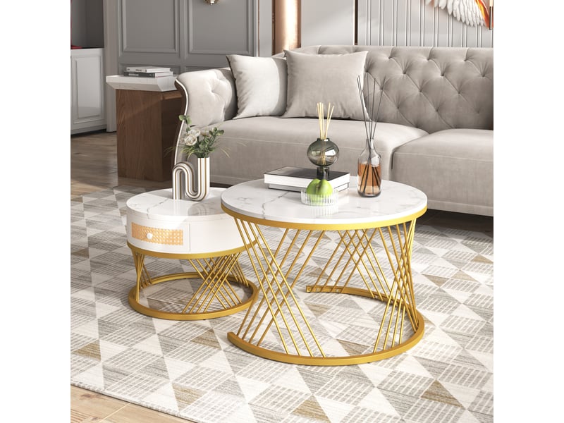 Lot de 2 tables basses rondes 70x70x45,5 cm + 50x50x38,5 cm motif marbre, blanc et doré - Conforama B