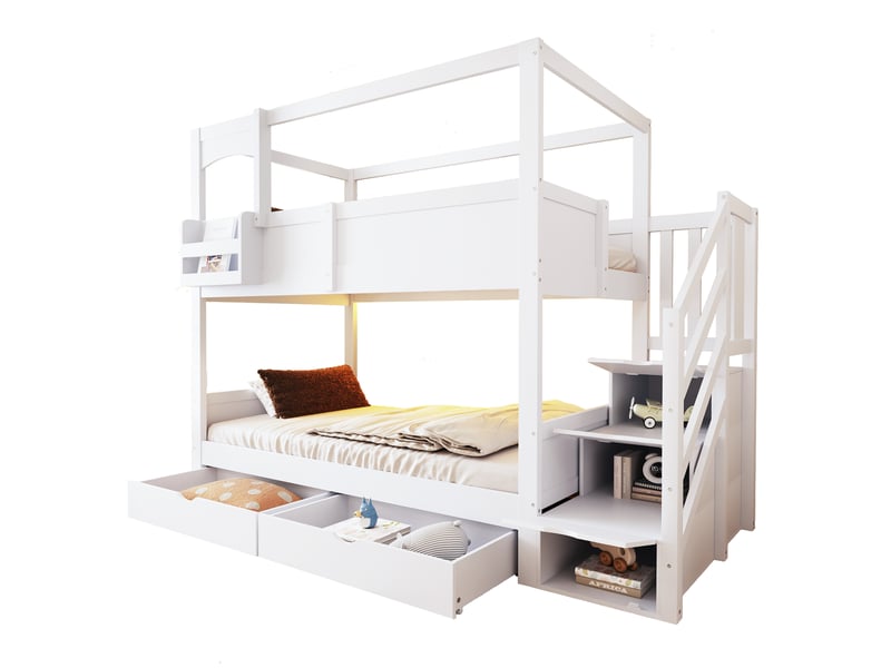 Lit superposé enfant 2 places 90 × 200 cm avec étagères flexibles, tableau et 2 tiroirs, sans matelas, blanc - Conforama A