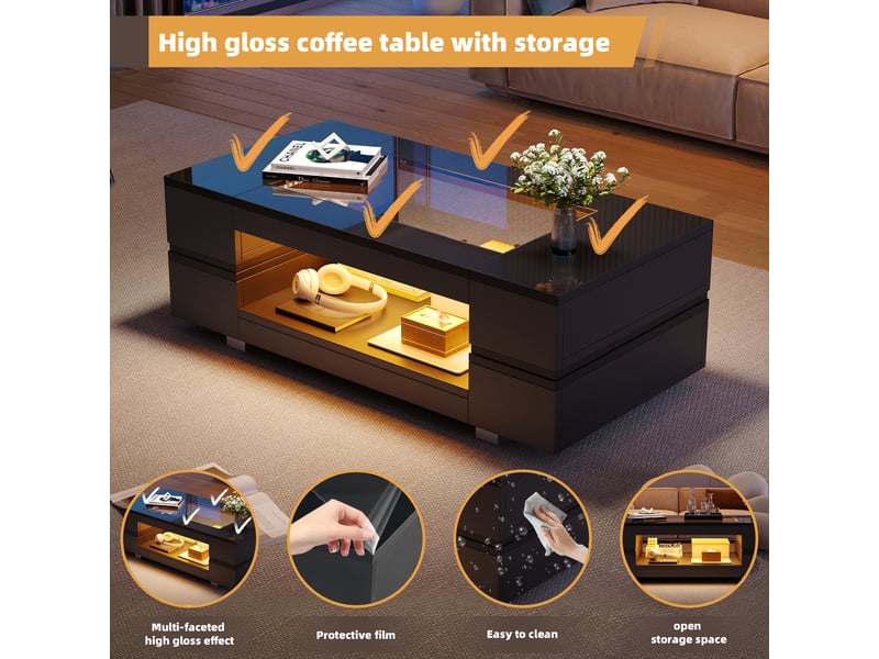  Table basse led design - noir - contrôle via application mobile - 60 000 couleurs led - design creux 100x50x35cm - Conforama C