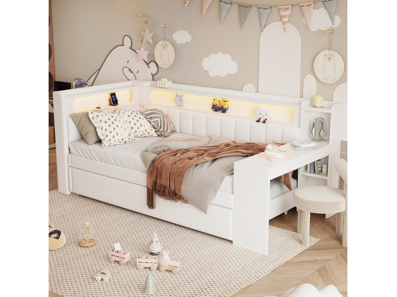  Lit gigogne 90x200 cm avec bureau, éclairage led et usb, blanc  - Conforama B