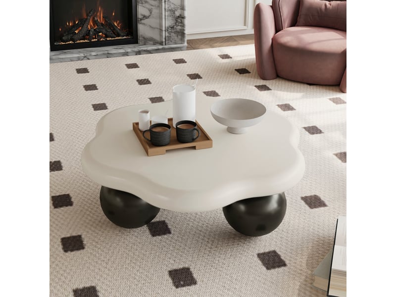  Table basse muvano table de salon minimaliste forme pétale avec plateau blanc crème et pieds boules noirs 79 x 79 cm  - Conforama C