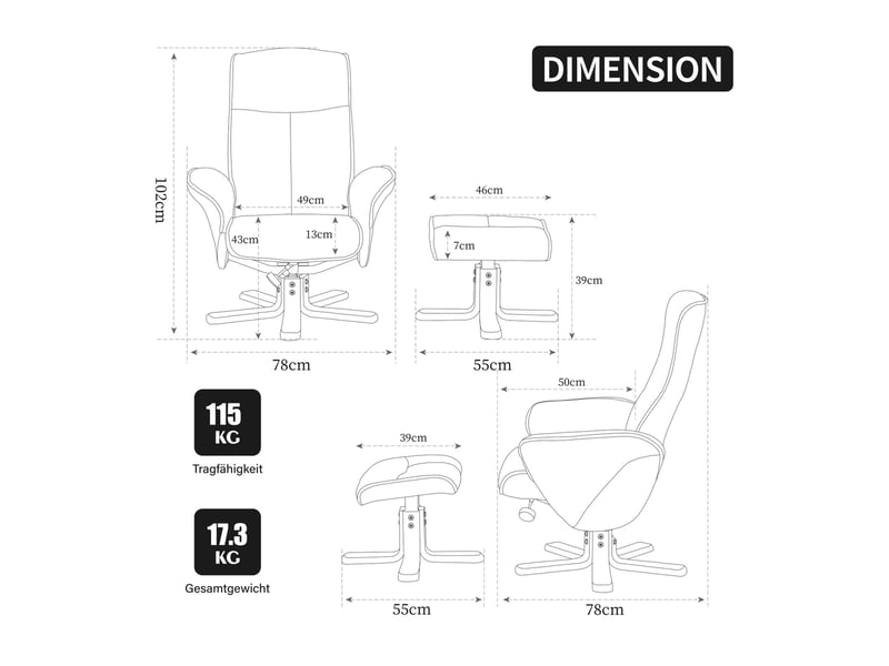  Fauteuil lounge pivotant multifonctionnel  78 x 78 x 102 cm - avec repose-pieds - pivotant à 360° - dossier réglable - tissu chenille - gris  - Conforama C