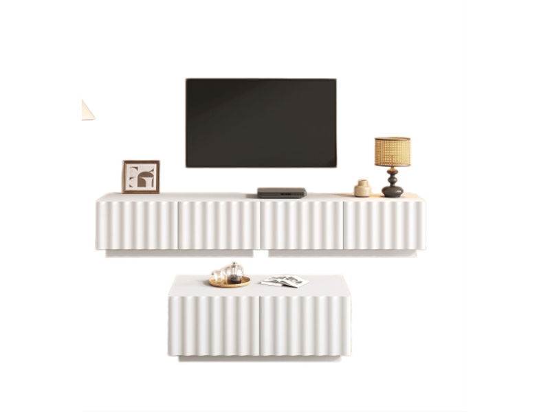  Ensemble salon avec meuble tv 200 x 40 x 35 cm et table basse 100 x 50 x 40 cm, façades effet vague, blanc BUYDEEMEUS - Conforama A