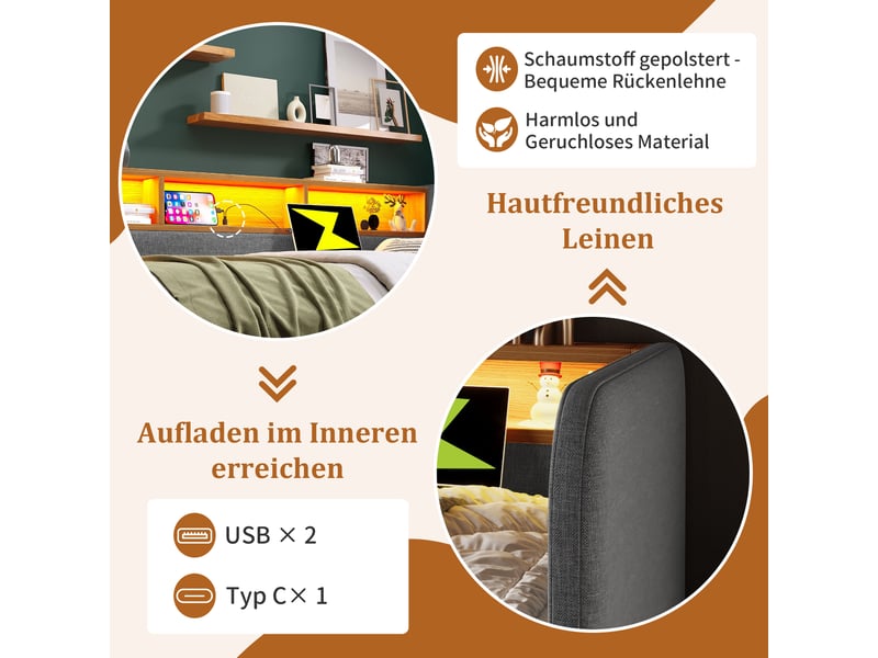  Lit capitonné 140x190 cm en lin gris, lit avec led et usb, tête de lit avec rangement et 2 tiroirs  - Conforama R