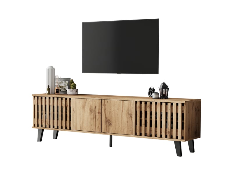  Meuble tv 180 cm bois naturel avec 4 portes et 8 compartiments pour écran 70 pouces  - Conforama A