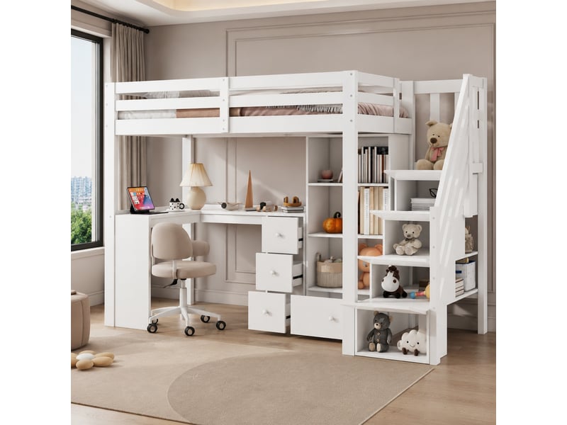  Lit mezzanine enfant 90x200 cm avec bureau, rangements et escalier, blanc  - Conforama B
