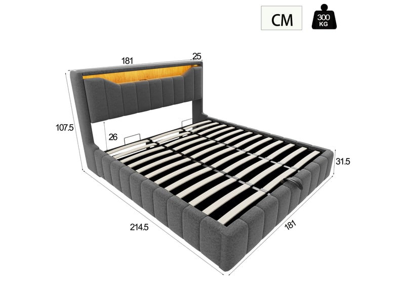  Lit coffre 180 × 200 cm 2 places avec led, usb et usb-c, rangement hydraulique, sans matelas, tissu gris  - Conforama D