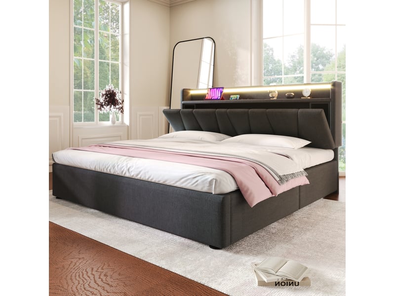  Lit coffre tcqpz 140 x 200 cm avec tête de lit de rangement usb type-c led gris lin  - Conforama D