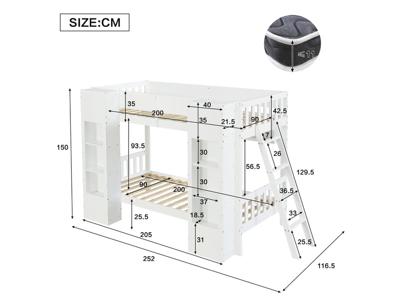  Lit superposé 90x200 cm, avec rangements et échelle réversible, en bois, blanc, sans matelas  - Conforama C