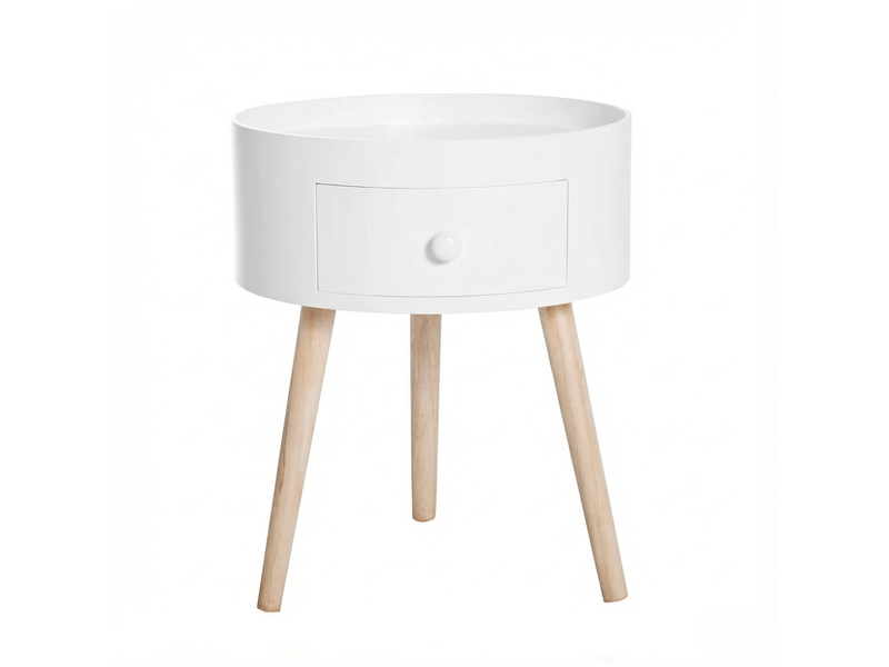  Table de chevet ronde avec tiroir, plateau à rebord, blanc et bois clair  - Conforama A