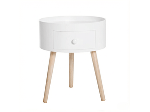 Table de chevet ronde avec tiroir, plateau à rebord, blanc et bois clair