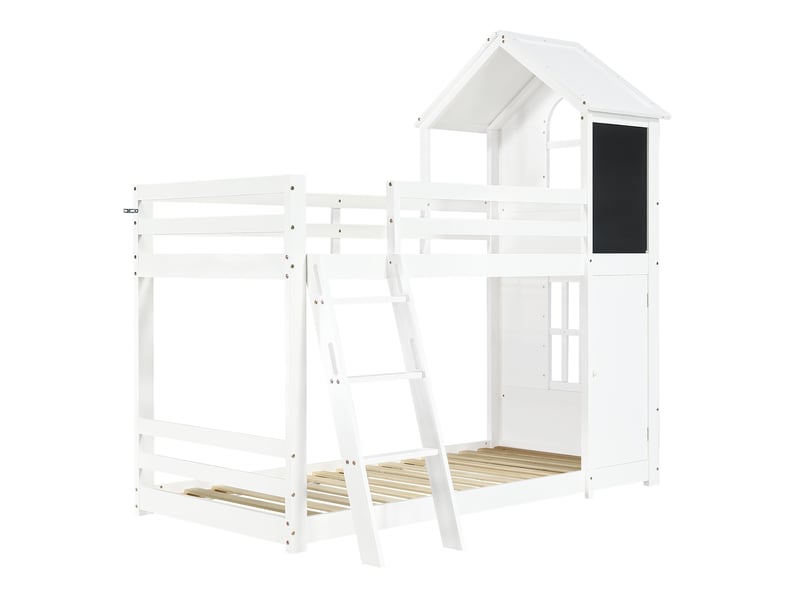  Lit superposé cabane 90 × 200 cm, blanc, pin et mdf, petite porte, tableau, fenêtres et toit, échelle 3 marches, lattes stables  - Conforama A