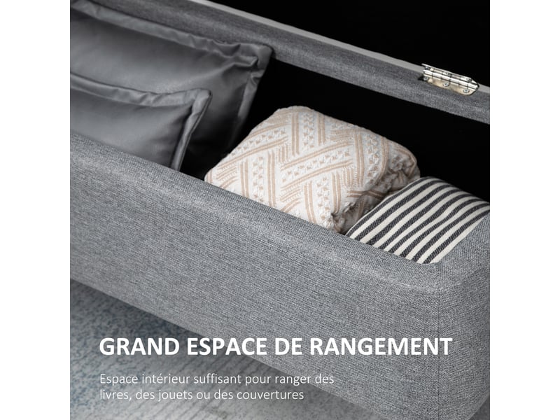  Banc banquette coffre de rangement 2 en 1 en tissu avec pieds en acier noir gris 102 x 40 x 39,5 cm  - Conforama A