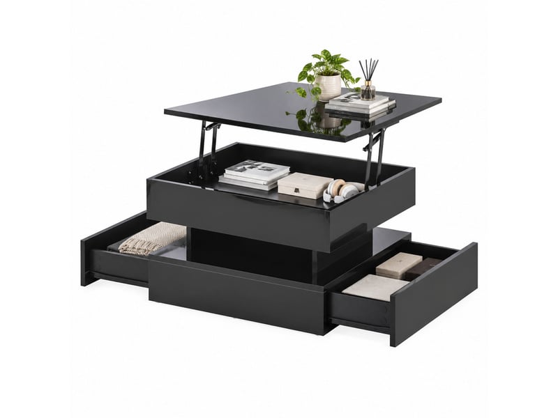  Table basse 65 x 65 x 38,5 cm en panneau de particules avec plateau relevable, 2 tiroirs et led noir chicfurn  - Conforama A