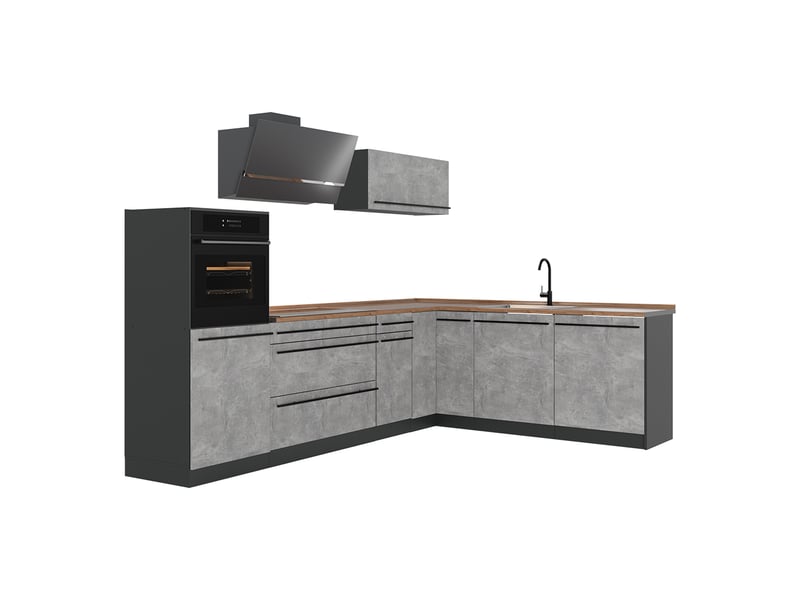  Vicco cuisine en angle, bétonanthracite, 287 x cm plan de travail chêne doré  - Conforama A