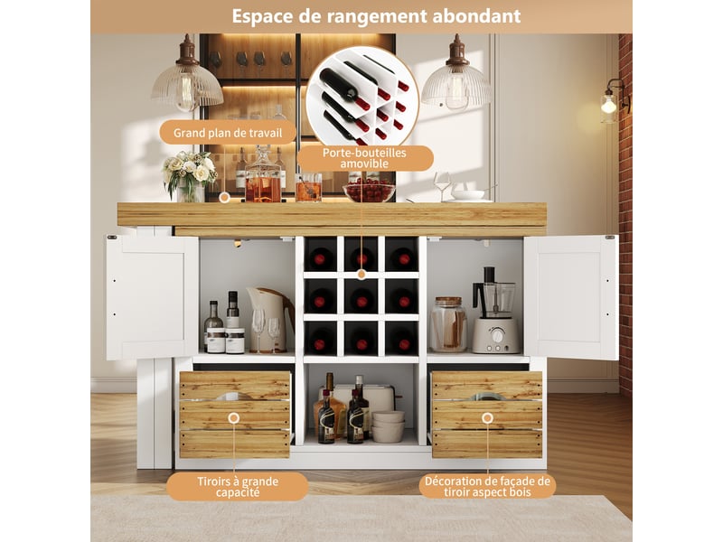  Îlot de cuisine extensible blanc 120-197x40x72 cm, buffet salon avec 2 portes et 2 tiroirs, casier à vin, table à manger  - Conforama D