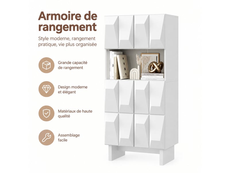  Meuble vitrine blanc à portes en relief, 4 portes et niche ouverte, l. 60,5 cm  - Conforama A