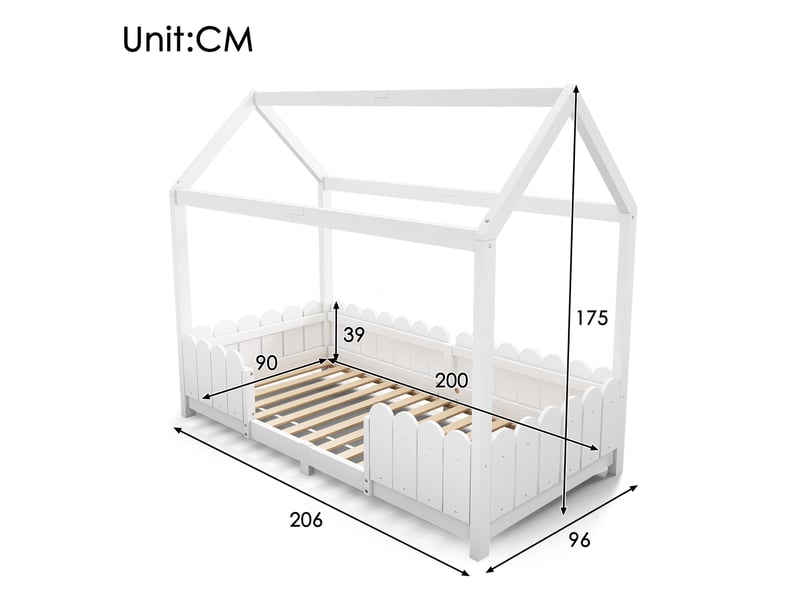 Lit cabane enfant 90x200 cm blanc avec barrières de sécurité et sommier à lattes - Conforama C