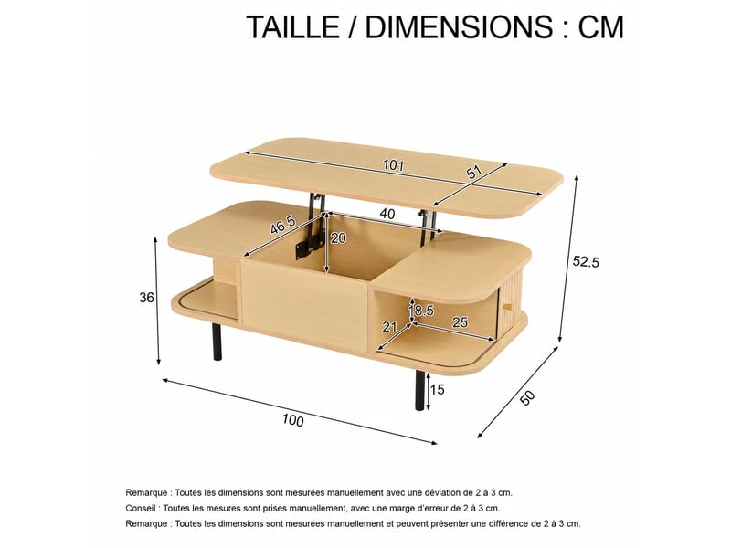  Table basse relevable bois naturel, table basse convertible bureau, 101x51cm, avec rangement caché et portes coulissantes.  - Conforama C