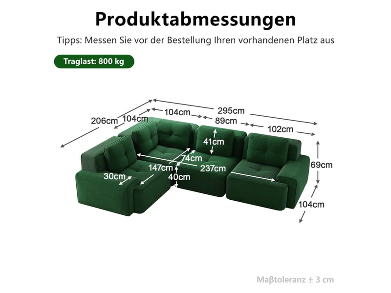  Canapé d’angle modulable profond velours côtelé vert – 295 x 295 x 69 cm Fay Lum - Conforama C