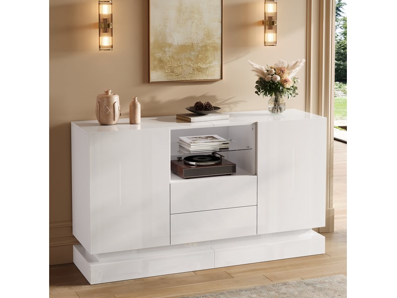 Buffet 140x40x80 cm blanc avec led, 2 portes et 2 tiroirs - Conforama B