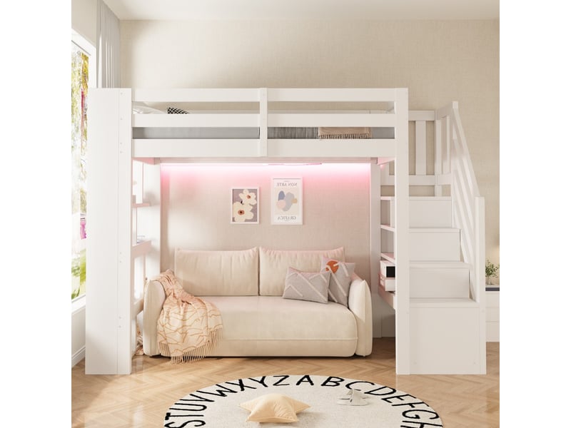  Lit mezzanine blanc en bois massif et mdf 90x200 cm avec rangements et led  - Conforama E
