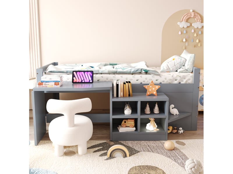  Lit enfant 90 x 200 cm avec bureau, rangements intégrés et prises usb, gris  - Conforama D