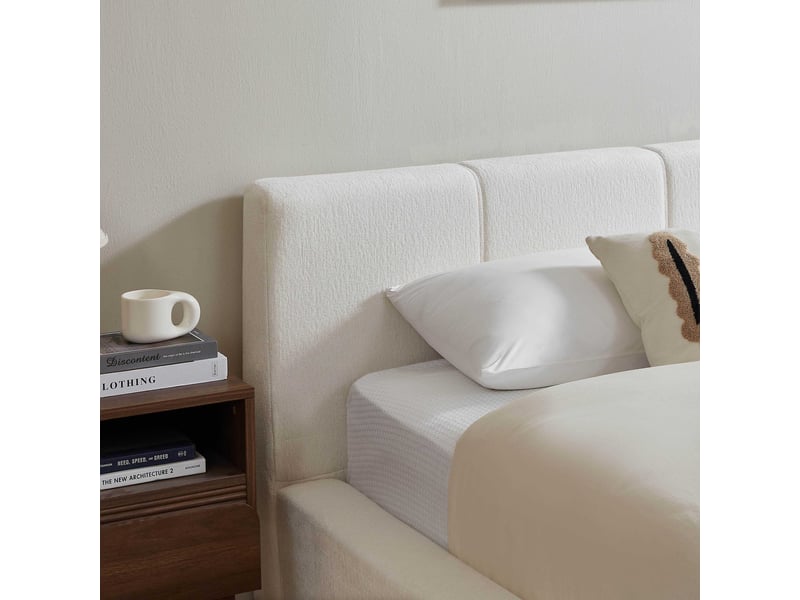  Lit 140x200 cm rembourré avec tête de lit, cadre en acier renforcé, design minimaliste, beige  - Conforama E