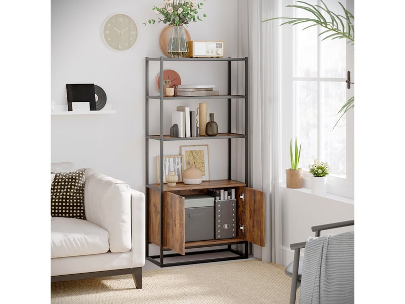  Bibliothèque de style vintage avec 3 étagères, 1 caisson en bois et une structure en métal noir 76 x 33 x 162,5 cm  - Conforama D