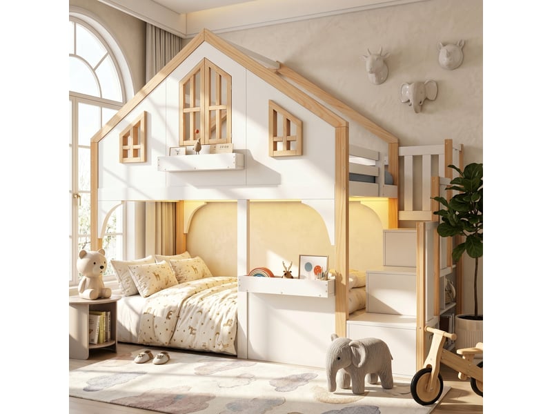 Lit mezzanine cabane 90 × 200 cm, escalier avec rangements, fenêtres et led, pin massif et mdf, blanc et naturel - Conforama D