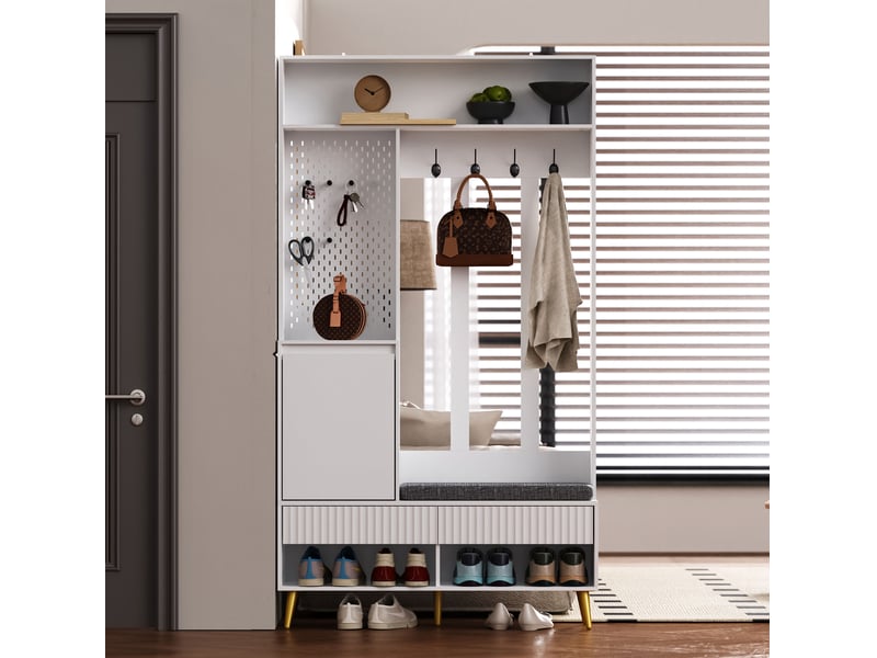  Vestiaire d'entrée ulevr 6-en-1 avec banc à chaussures, rangement, 4 crochets, 2 tiroirs et armoire, 100 x 35 x 180 cm, mdf blanc  - Conforama E