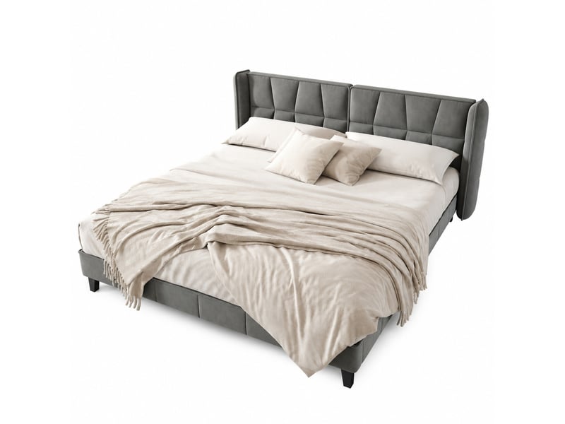  Lit double 180×200 cm structure stable, tête de lit rembourrée  - sans matelas velours gris  - Conforama A