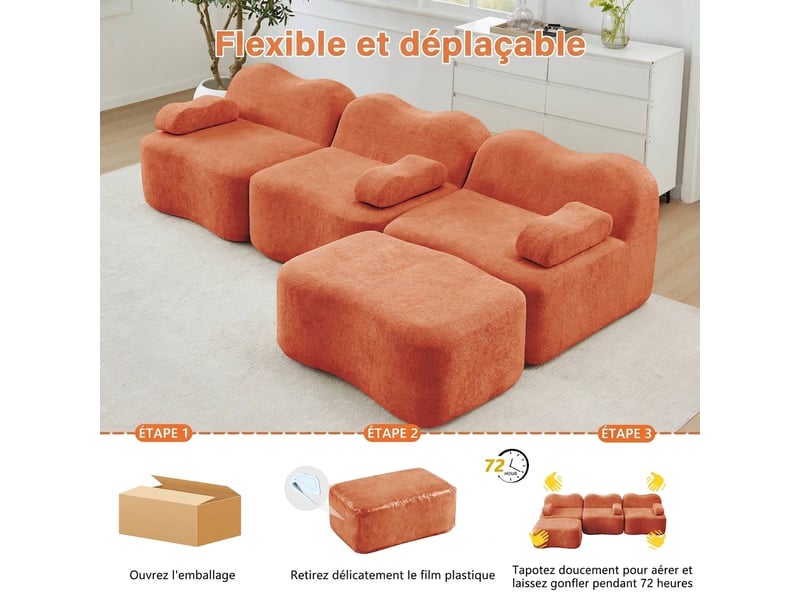  Canapé modulable 3 places en velours orange avec pouf - assise extra profonde - mousse haute densité 32d  - Conforama W