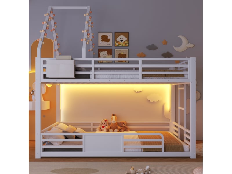  Lit superposé 140 × 200 cm 1 place avec led multicolore, rangement, barrière de sécurité et toit, sans matelas  - Conforama C