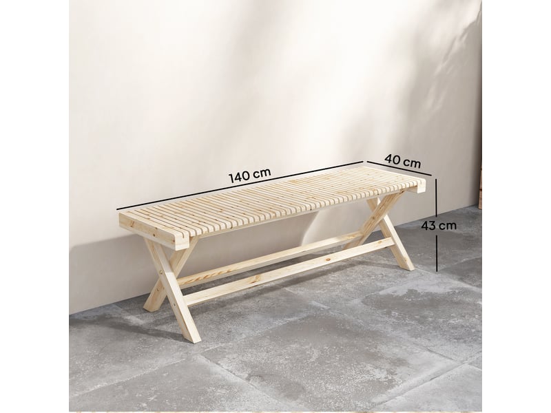  Banc de jardin en bois massif, banquette de jardin avec assise à lattes effet bois, 140 x 40 x 43 cm, bois naturel  - Conforama E