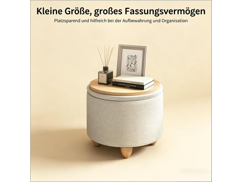 Pouf coffre rond avec plateau en lin et mdf blanc crème ø 39 x h 33 cm T5828P505409 - Conforama E