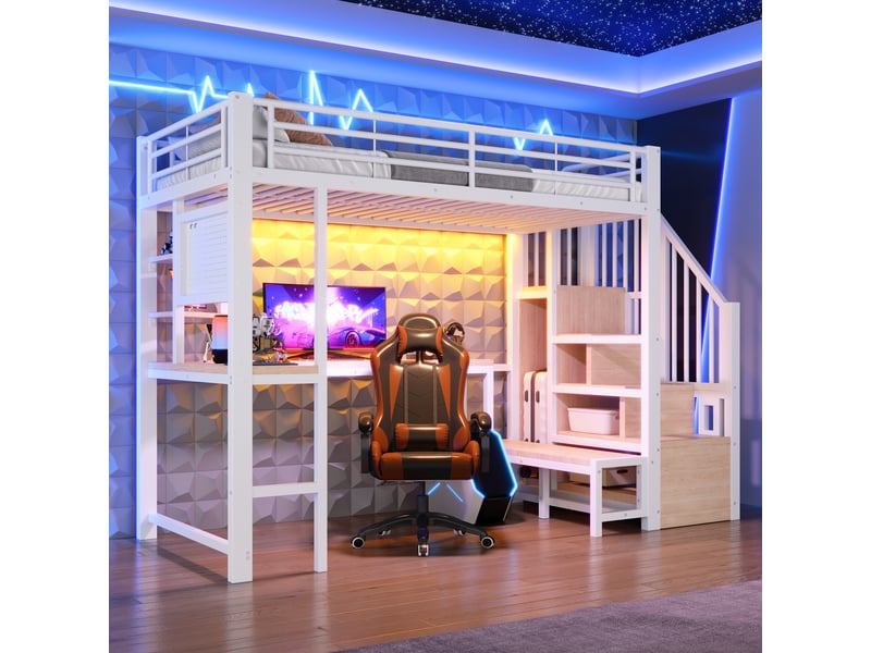 Lit mezzanine 90 × 200 cm avec bureau, étagères, led, usb et type-c, sans matelas, en métal blanc  - Conforama B