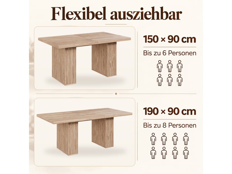Table à manger extensible 150-190x90x75cm pour 6 à 8 personnes, rallonge, rangements dans le piètement, plateau épais, style scandinave, chêne - Conforama E
