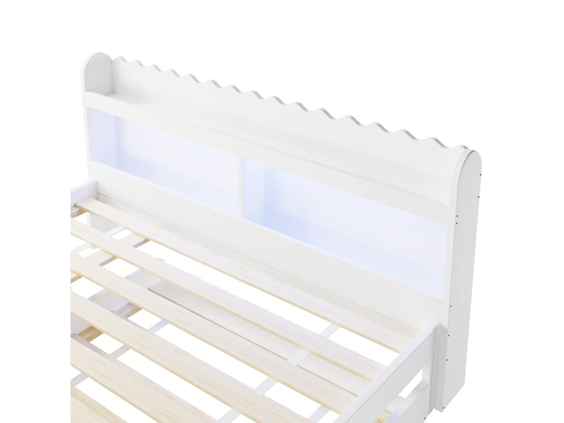 Lit gigogne, 140 x 200 cm, avec tête et pied de lit dotés d'espaces de rangement, et bande lumineuse led, blanc - Conforama E