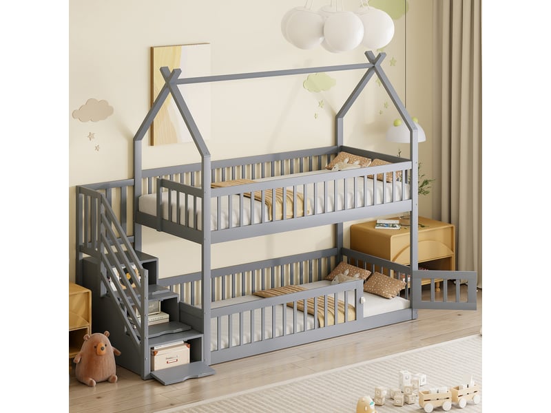  Lit superposé 90x200cm coloris gris pin lit enfant gris - Conforama E